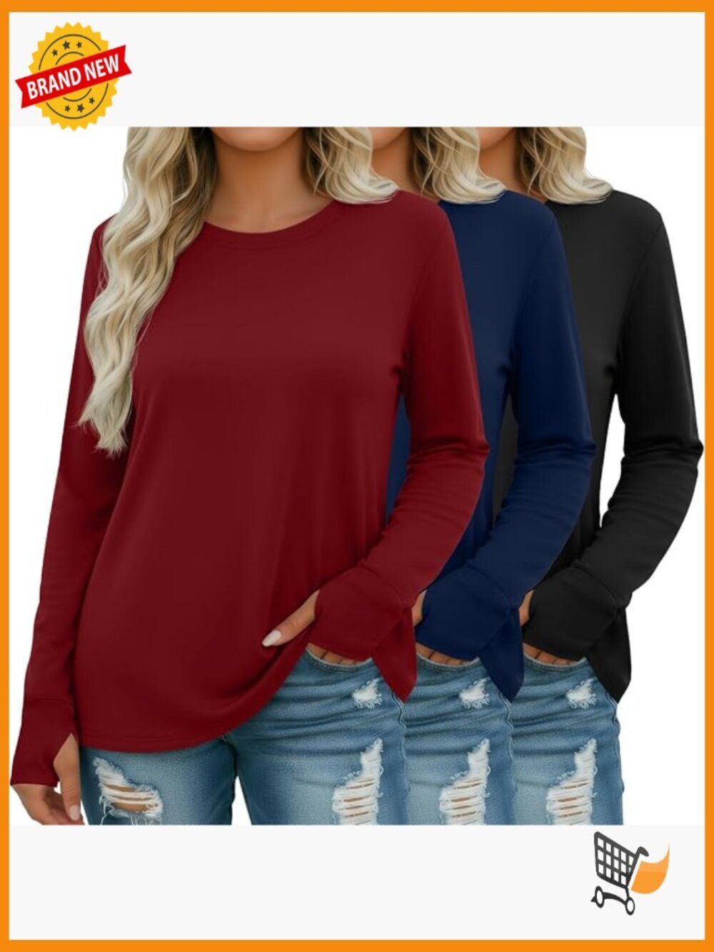 Plus Size Cotton Tunic Tops 3 Pack Long Sleeve Thumb Hole Crew Neck Casual